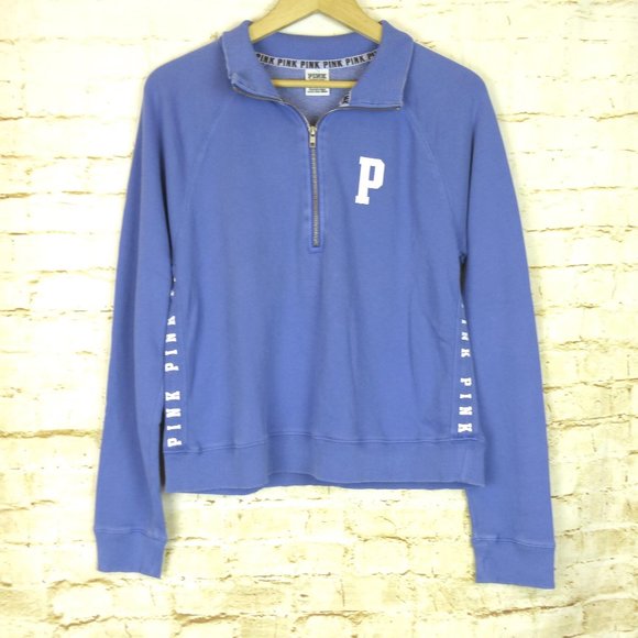 PINK Victorias Secret Sweatshirt Womens M Blue Half Zip Pullover Logo Spell Out - Picture 9 of 14